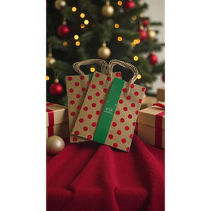 10-Pcs Holiday Paper Gift Bags – Kraft Brown with Red Metallic Polka Dots –